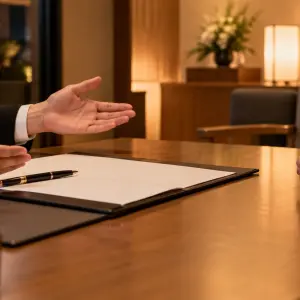 大阪市旭区の葬儀社相談室で、夜間の家族葬について相談する様子